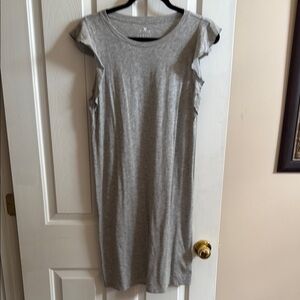 Velvet Gray Sheath Midi Dress with Flutter Cap Sleeves